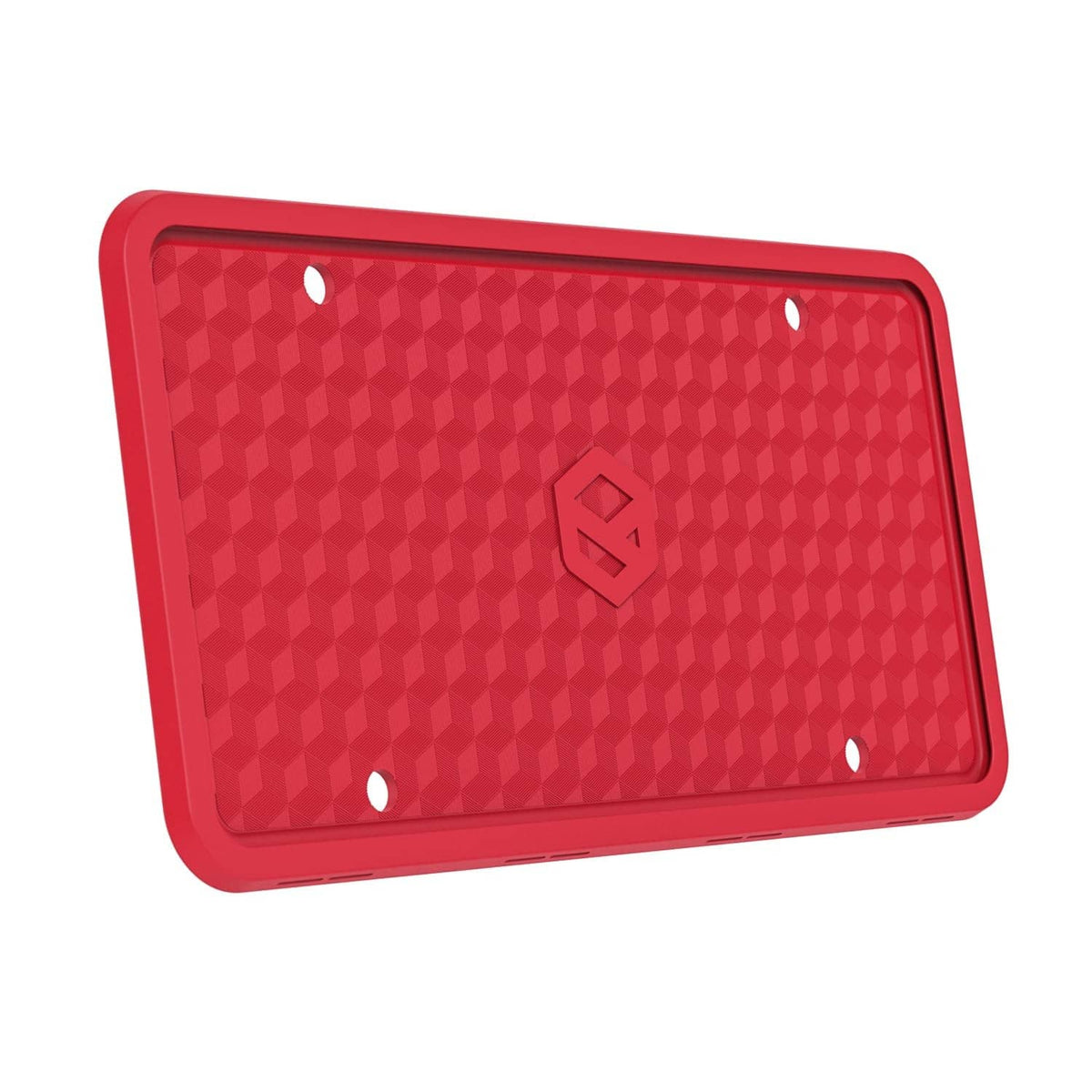 Red silicone license plate frame with corner round edges and mounting holes