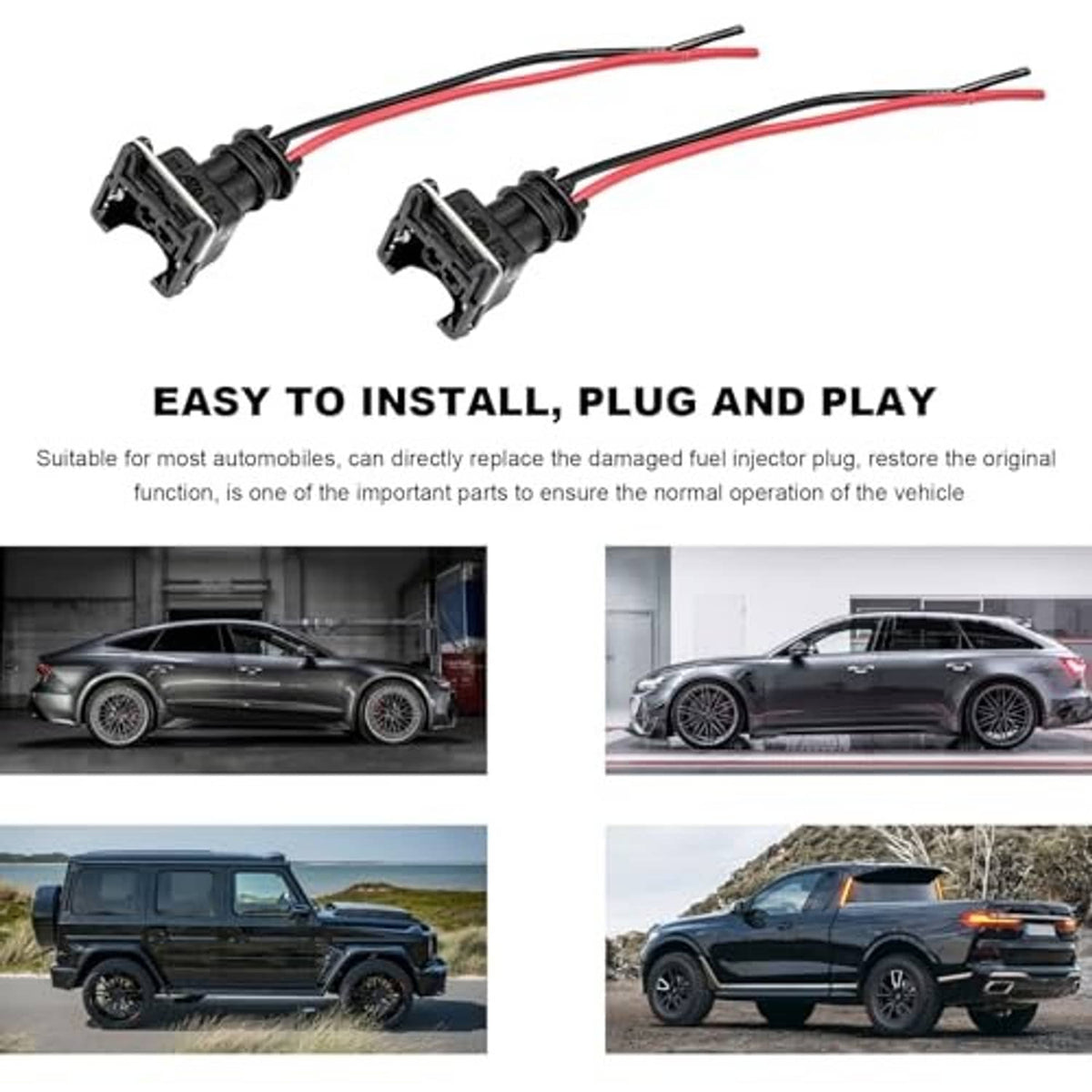 Fuel injector connector pigtail harness, black plugs with red/black wire leads