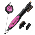 Frogger BrushPro golf club cleaner with pink logo, retractable cord, and two brush heads