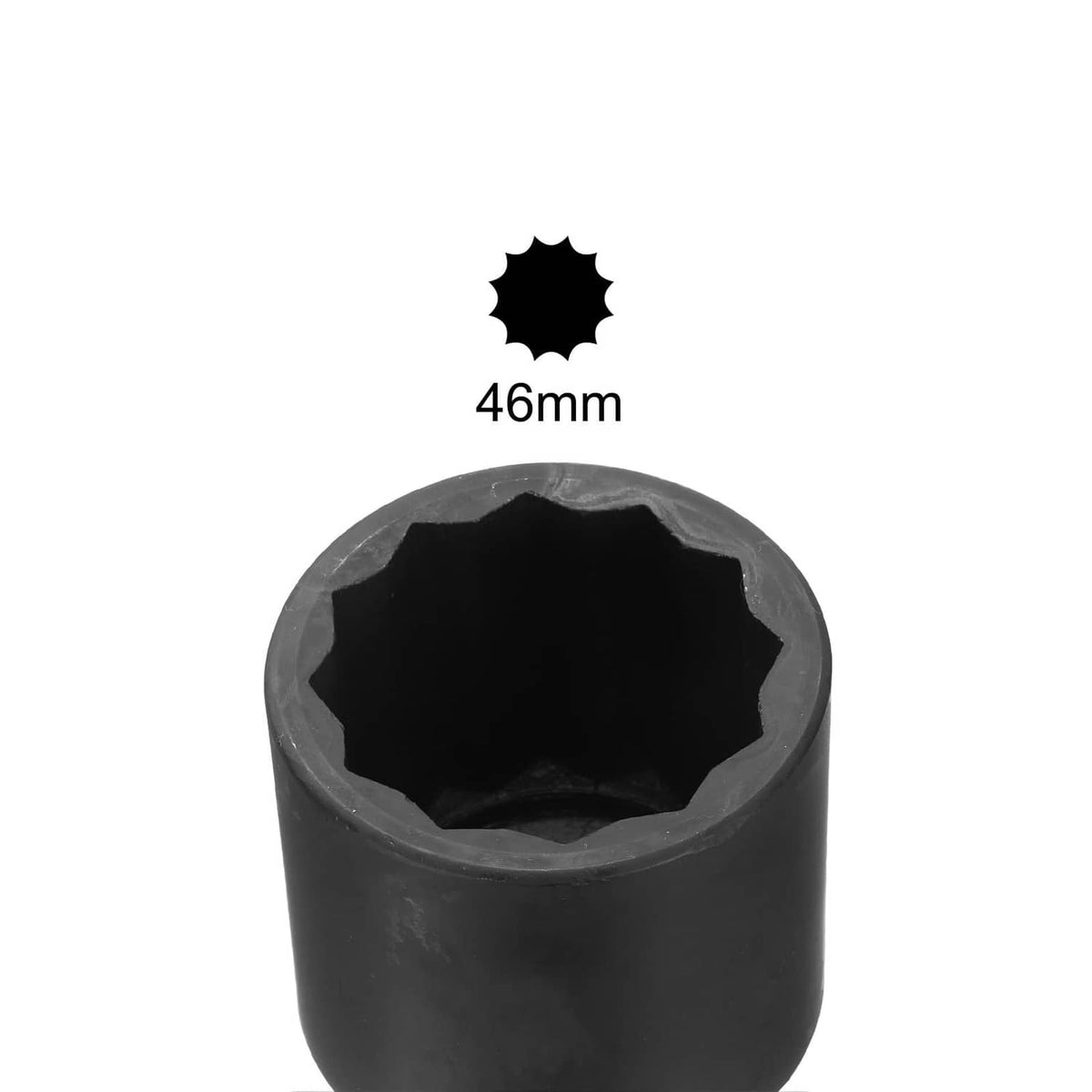 Black deep impact socket with 46mm size marking and large hex opening.