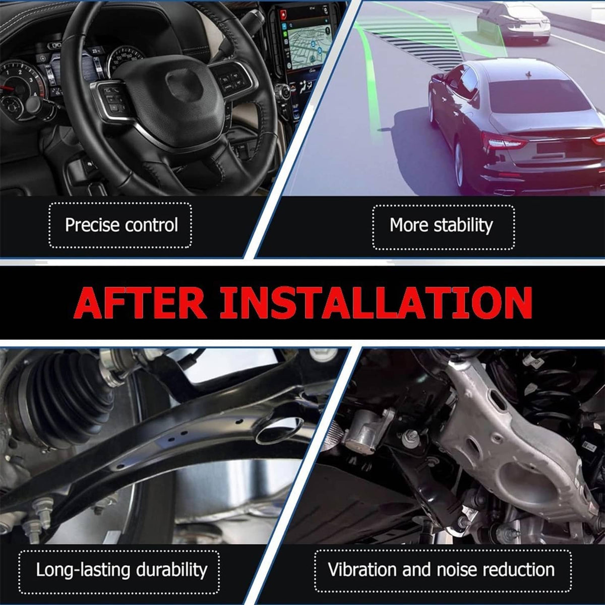 Before-and-after view of installed front control arms and tie rod ends under the vehicle