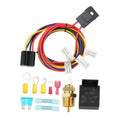 Electric fan relay kit set with multicolor wiring harness, fuse, terminals, and 12V mini relay
