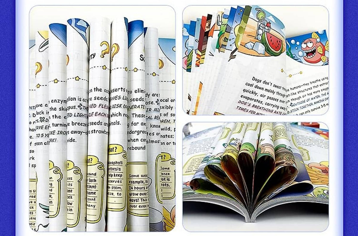 Kids science encyclopedia open pages with diagrams and cartoon character captions
