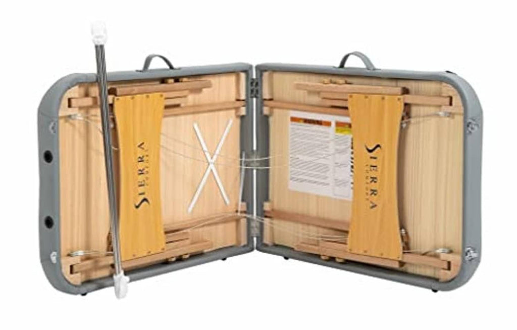 Gray massage table case opened to show wooden slat supports inside