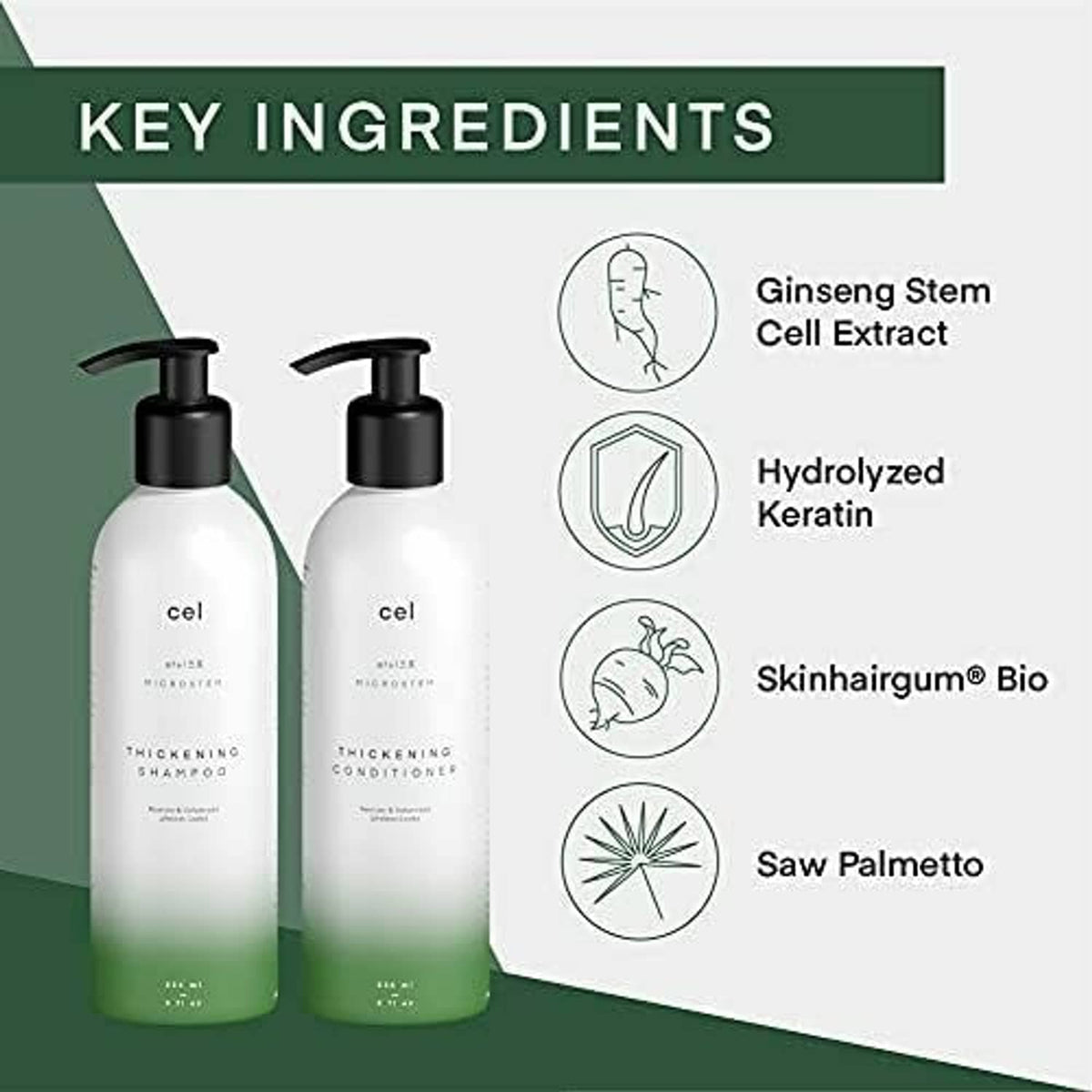 Thickening shampoo and conditioner bottles with key-ingredient icons on the label panel
