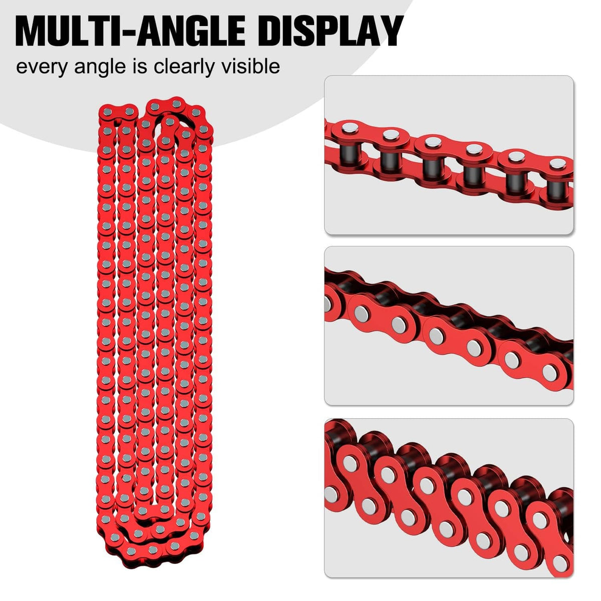Red roller chain shown in multiple angles, straight run and close-up link rows.