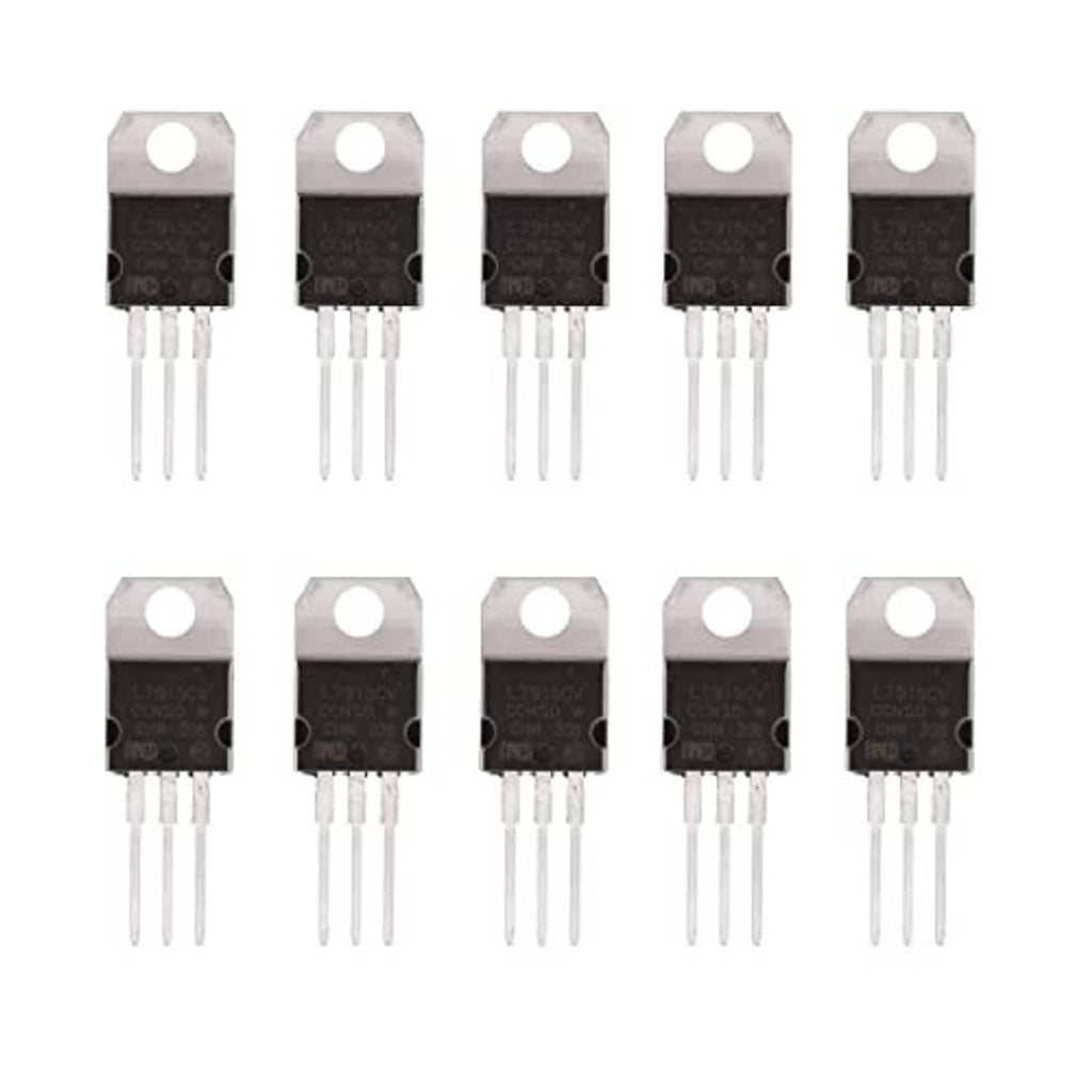 Set of 10 L7915 negative voltage regulators in TO-220 with three straight pins