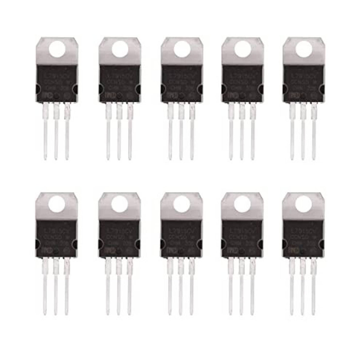 Set of 10 L7915 negative voltage regulators in TO-220 with three straight pins