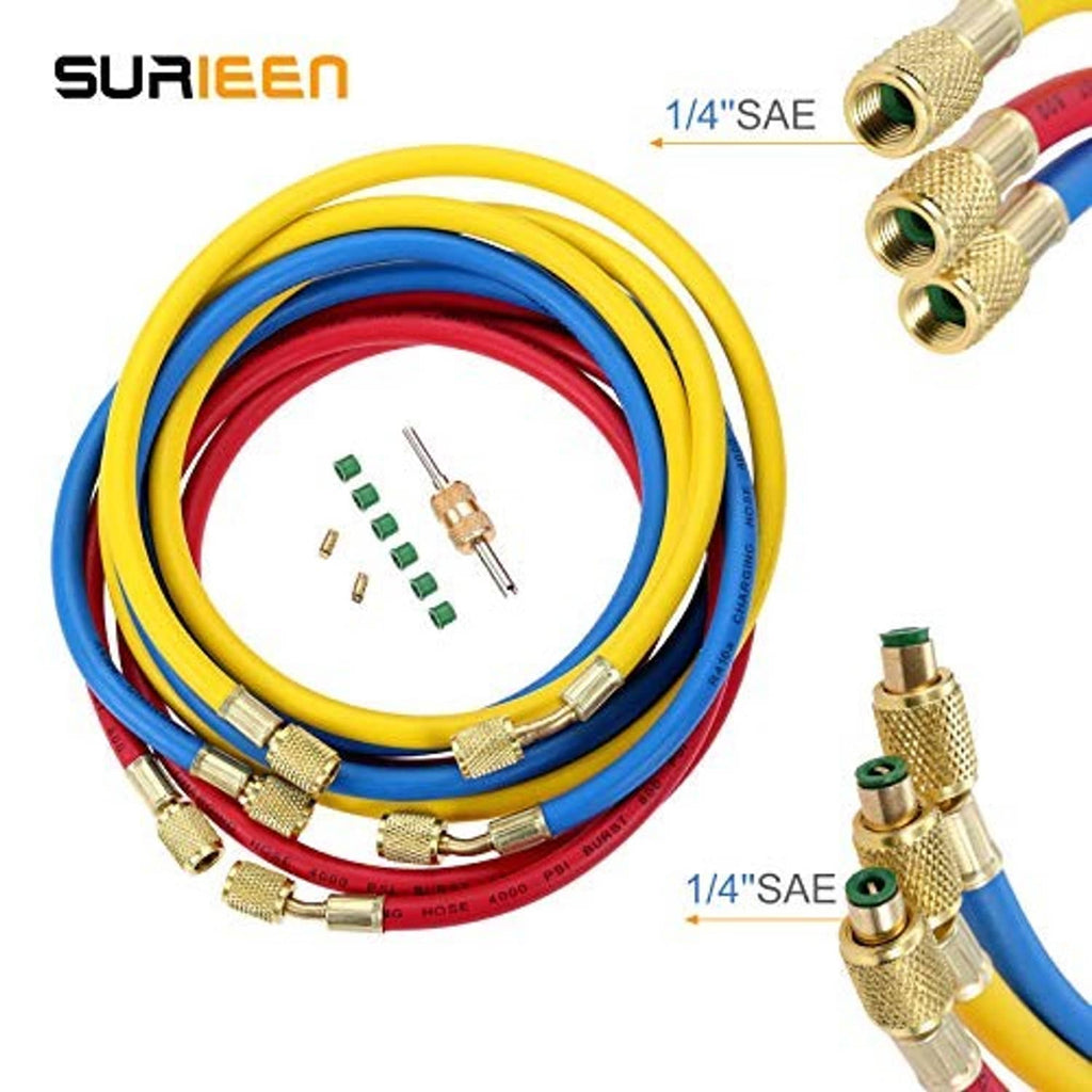 AC charging hoses set with brass 1/4" SAE fittings on red, blue, and yellow hoses
