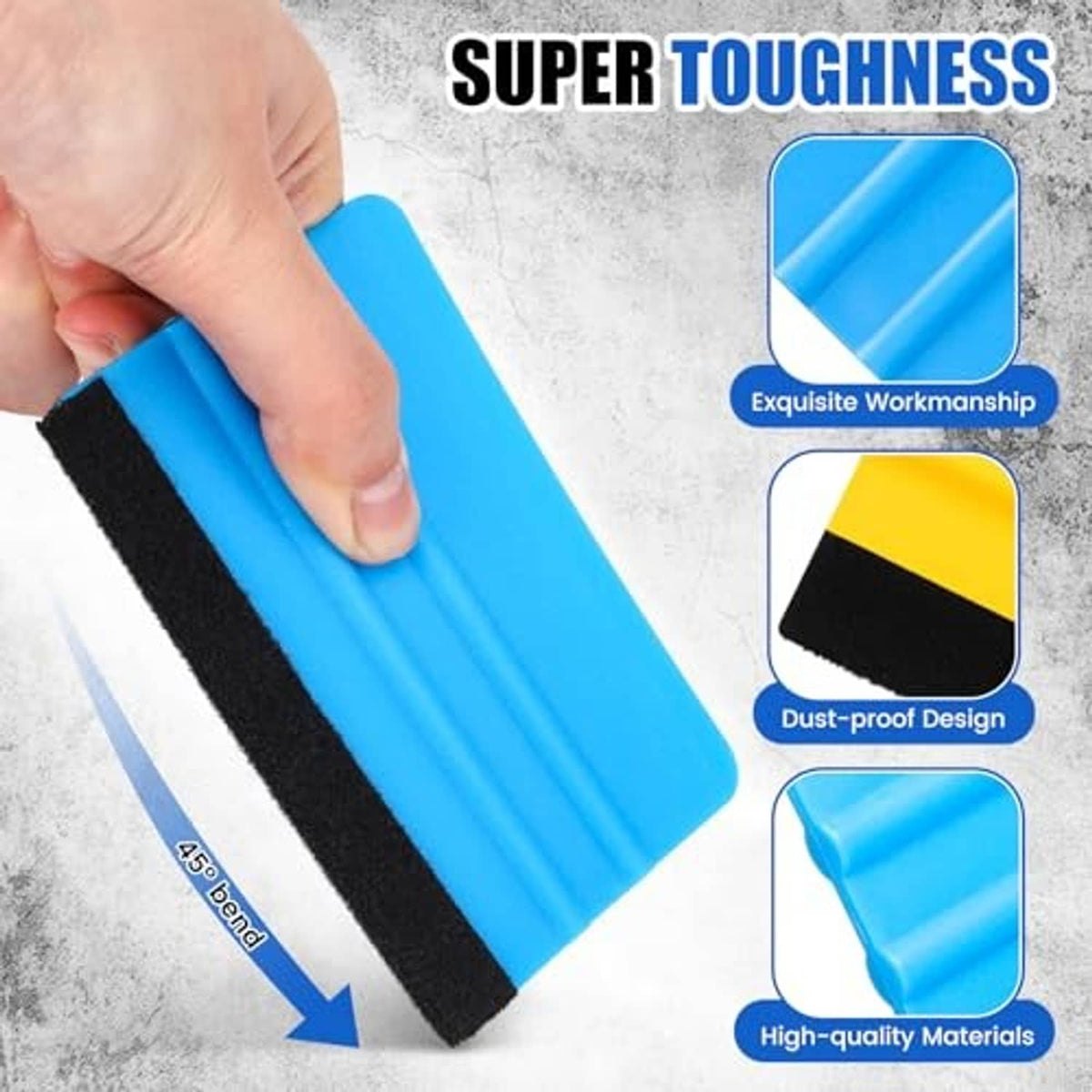 Blue felt-edge squeegee tool with black rubber blade for vinyl decals, 4 inch