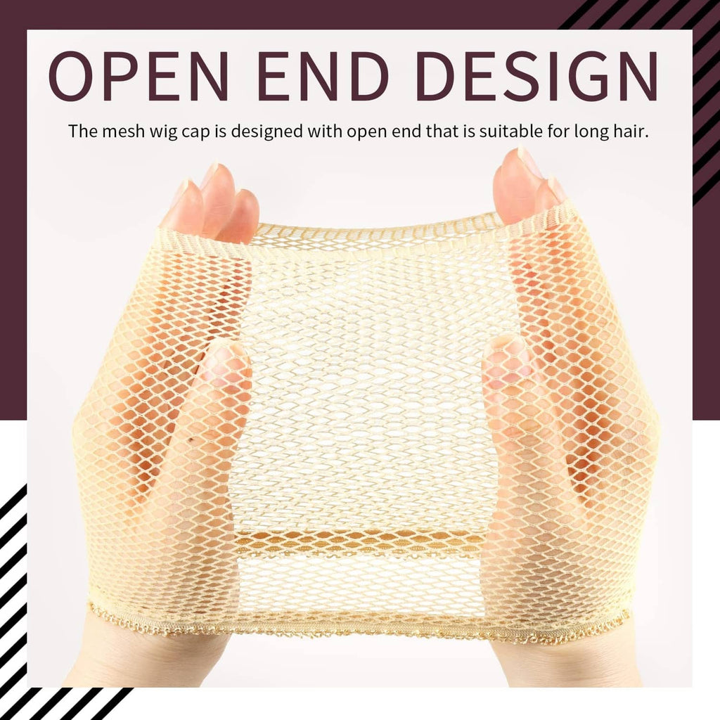 Light brown mesh wig cap with open-end design and stitched elastic band