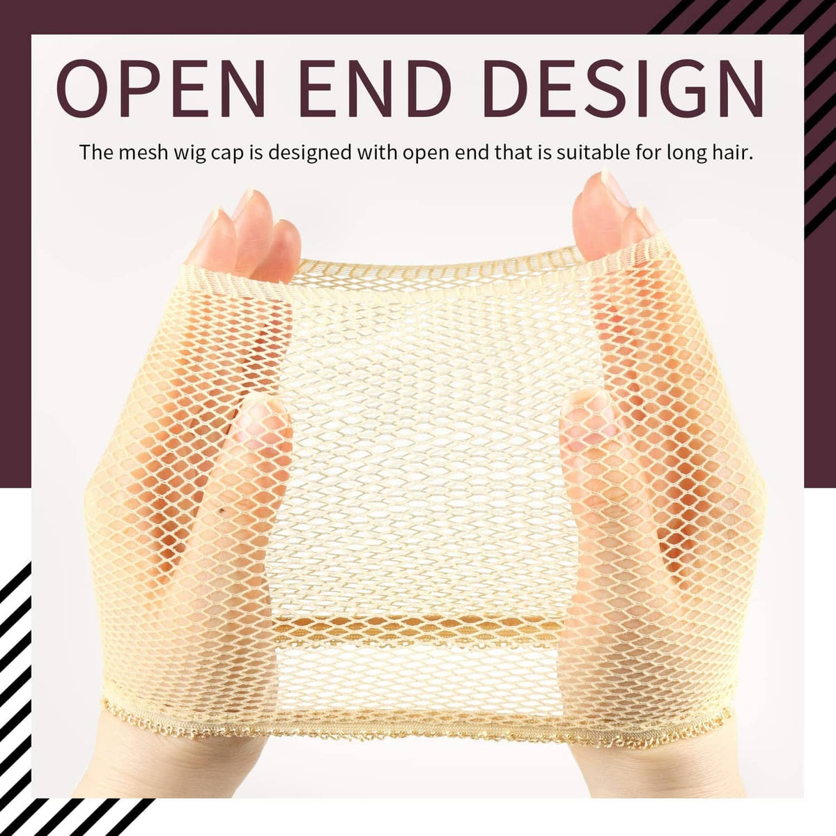 Light brown mesh wig cap with open-end design and stitched elastic band