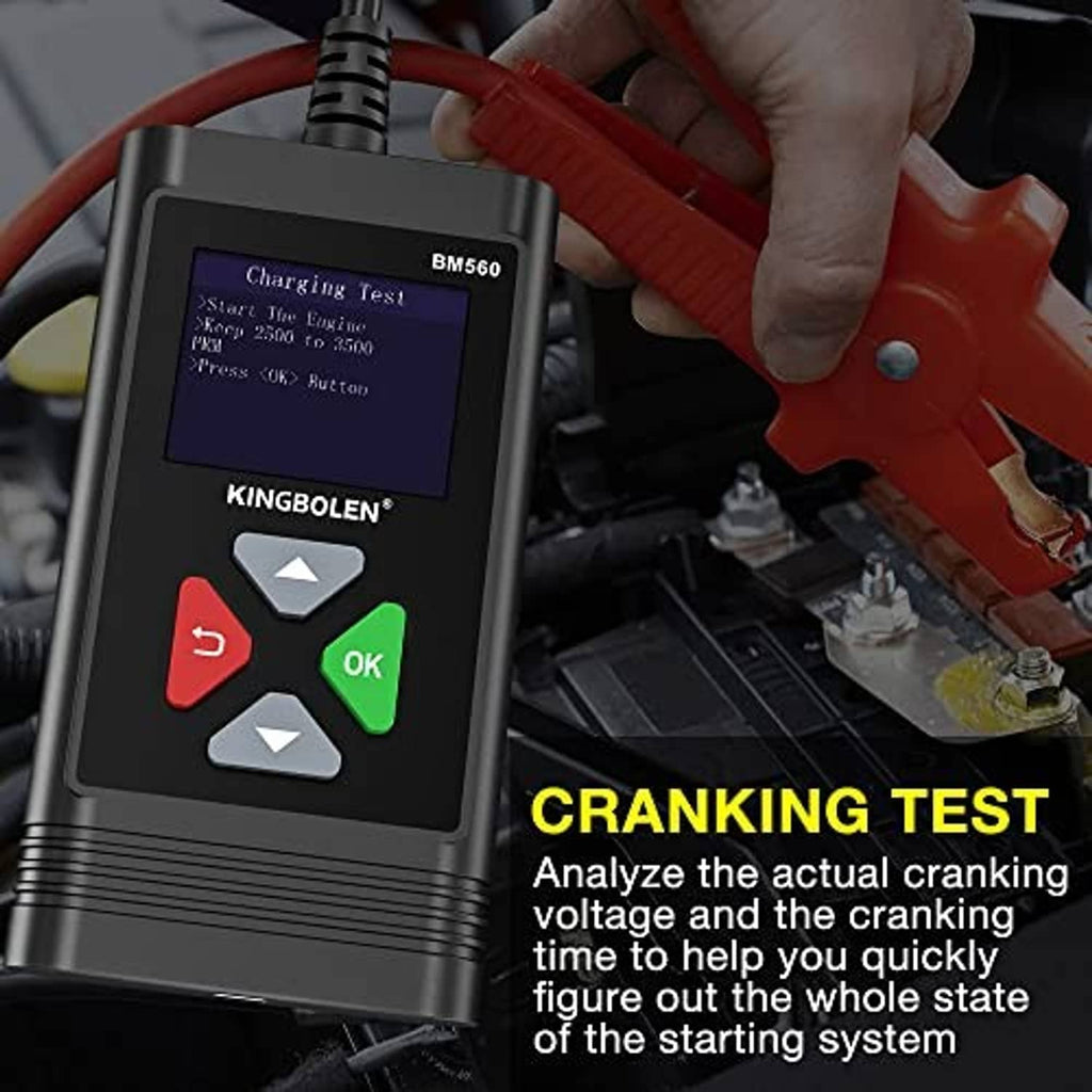 Car battery tester held while connected to battery terminals with clamp leads