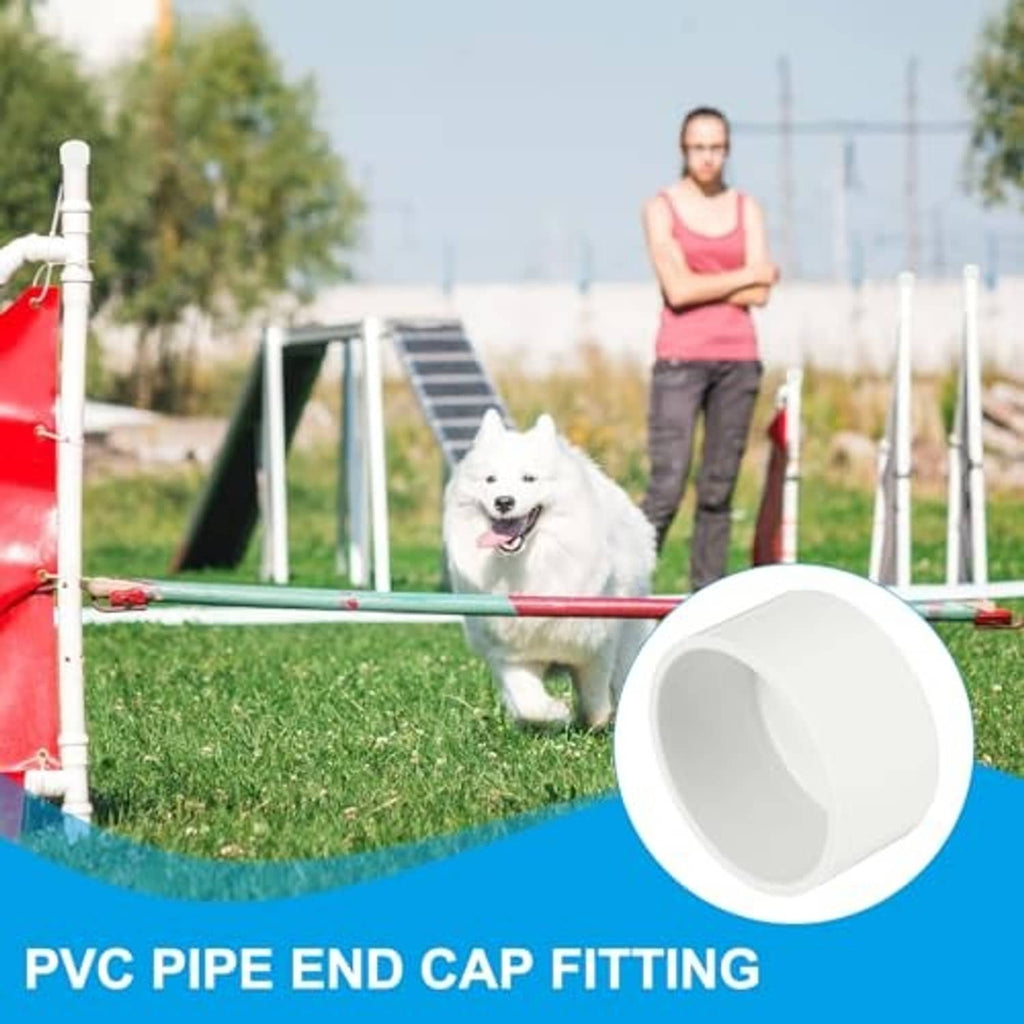 White PVC pipe end cap fitting, open-ended round cylinder plug.