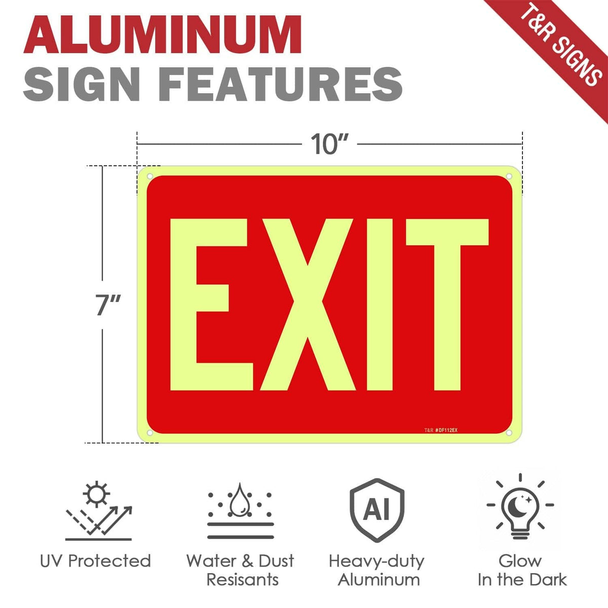 Red EXIT safety sign, 10 x 7 in size, glow-in-the-dark aluminum features icons