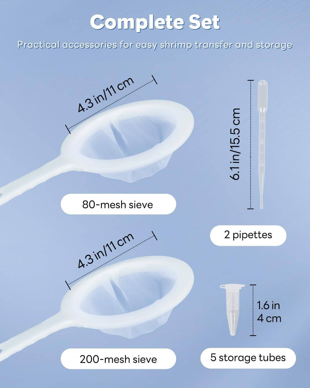 Complete set: two white mesh sieves, two pipettes, and storage tubes