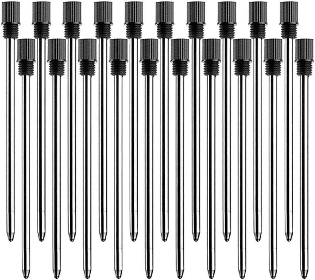 Ballpoint pen refills set with black caps and transparent ink tips, top view of multiple