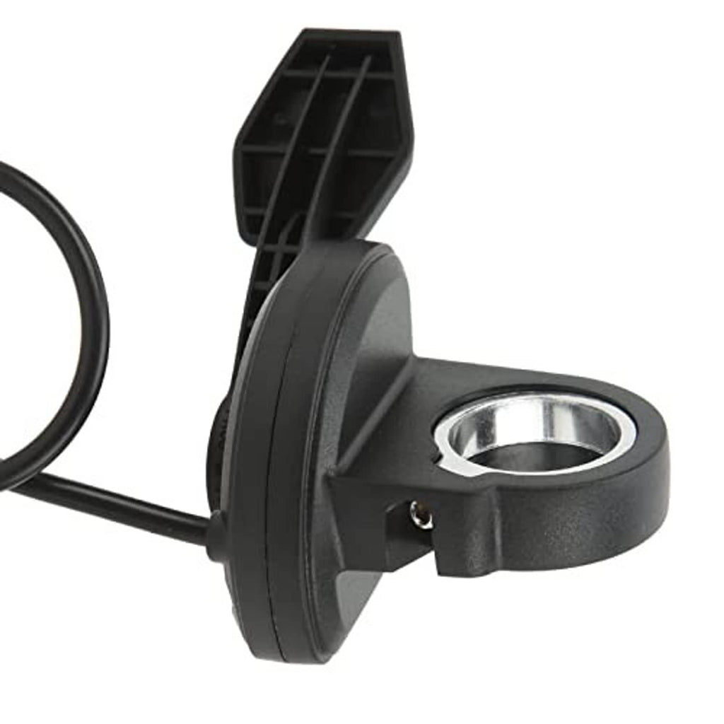 Black thumb throttle bracket with metal mounting ring and cable