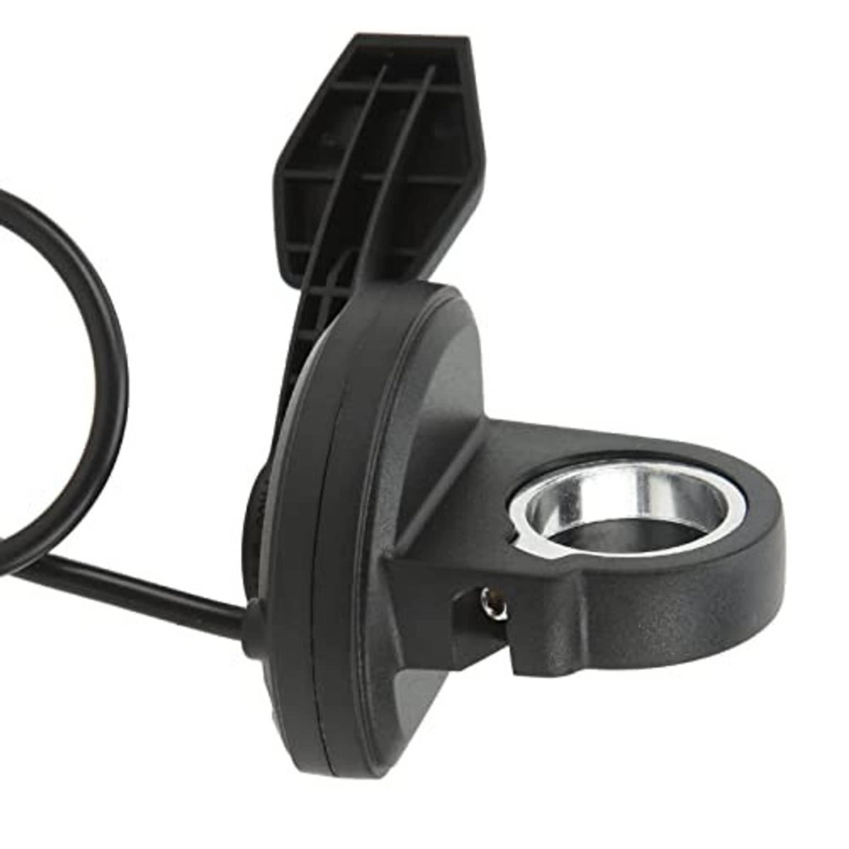 Black thumb throttle bracket with metal mounting ring and cable