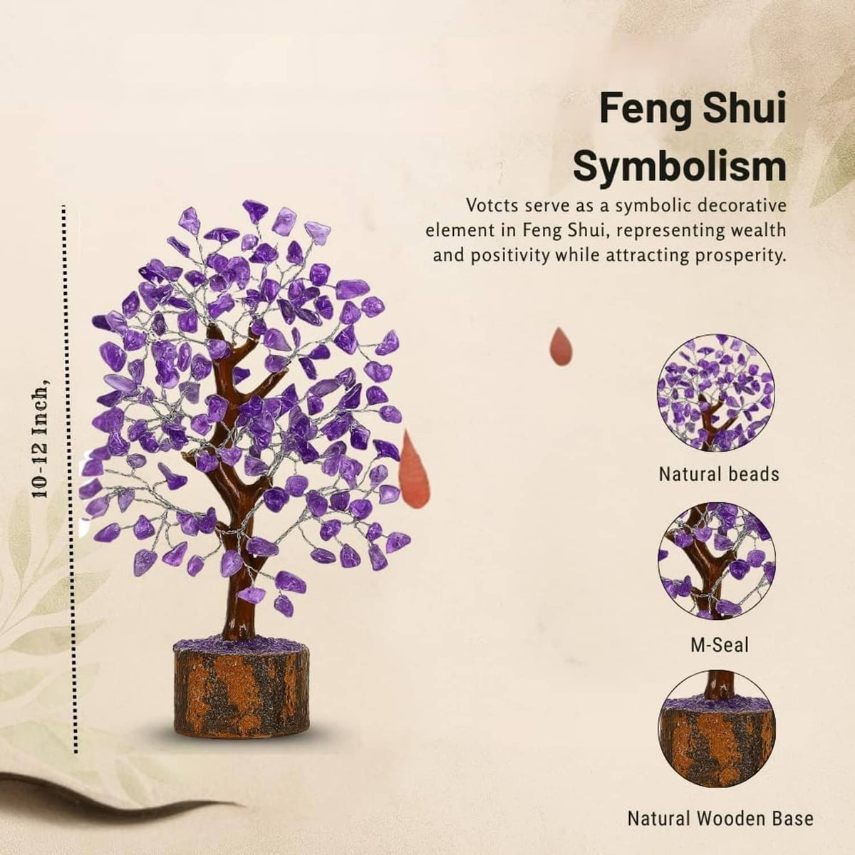 Amethyst crystal tree on a round wooden base with purple gem leaves and branching trunk