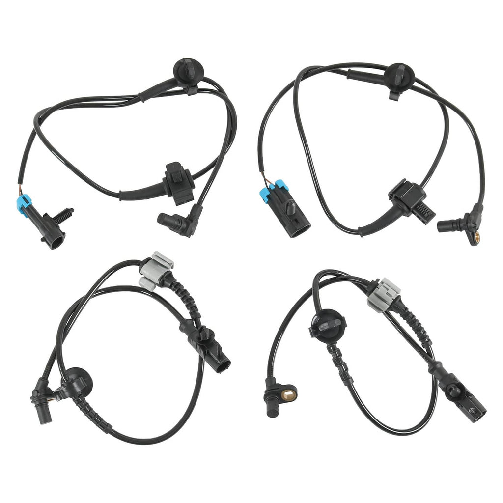 Set of four ABS wheel speed sensor cables with black connectors and blue clips