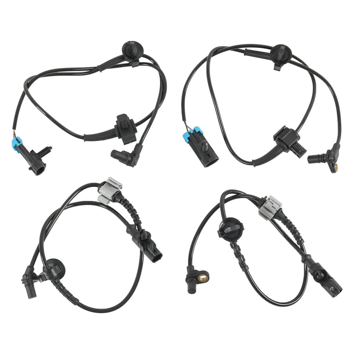 Set of four ABS wheel speed sensor cables with black connectors and blue clips