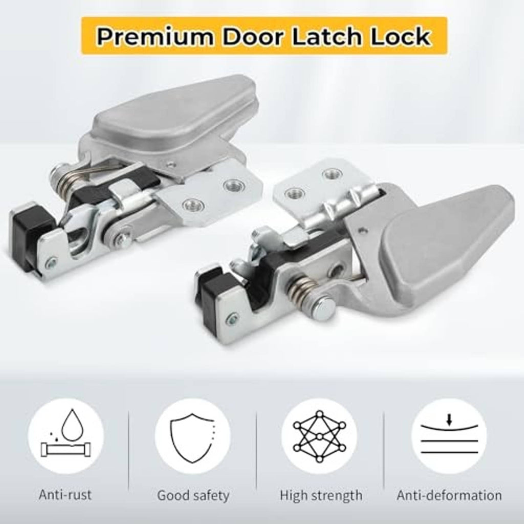 Pair of metal door latch locks with gray lever handles and mounting hardware