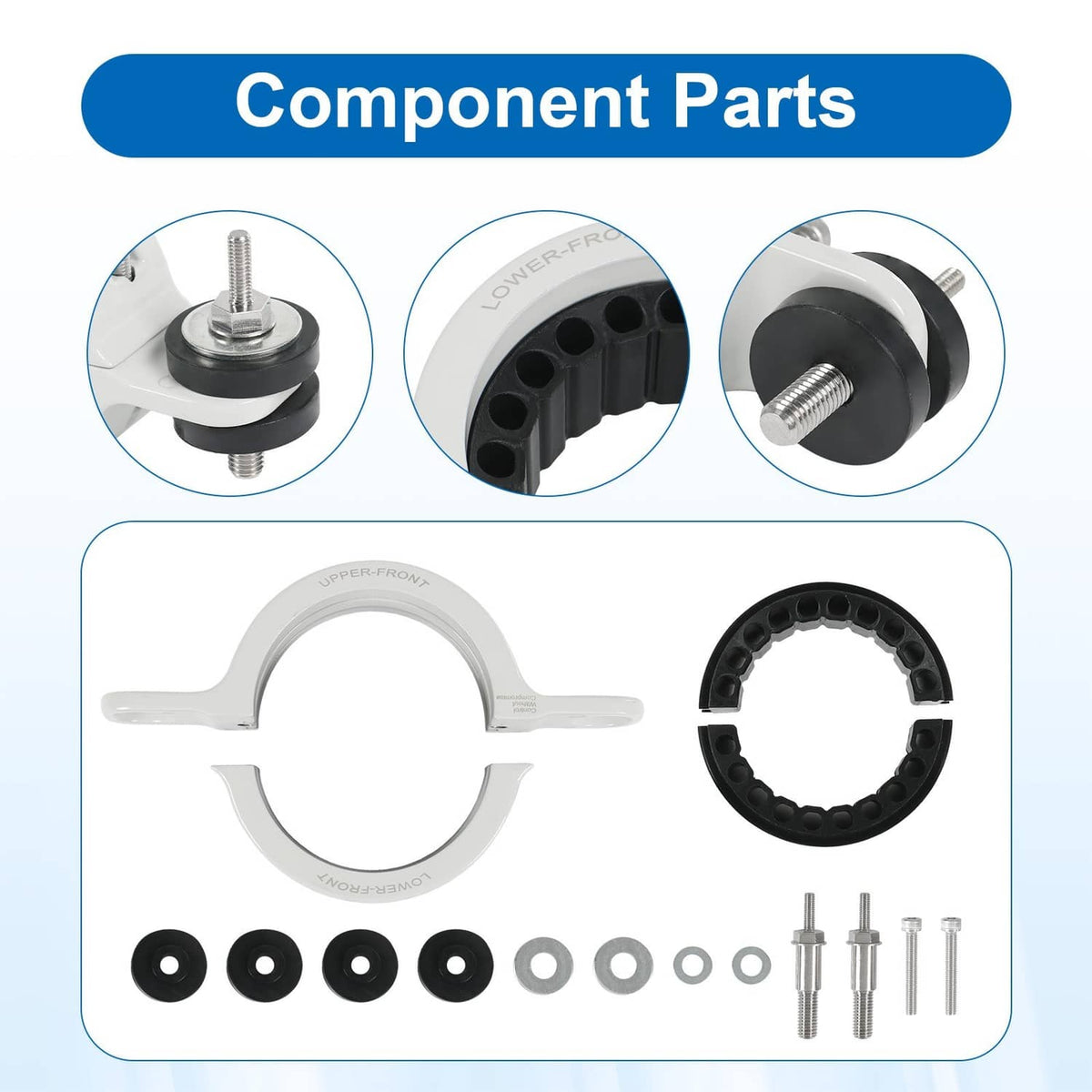 Driveshaft support bearing carrier kit: bearing, bushings, bolts, and washers, white/black