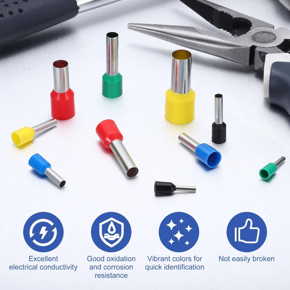 Assorted color wire ferrule crimp connectors with silver metal sleeves