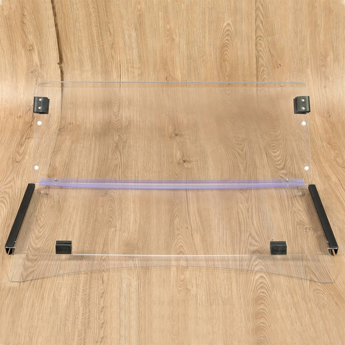Clear folding windshield panel with black side rails and mounting brackets