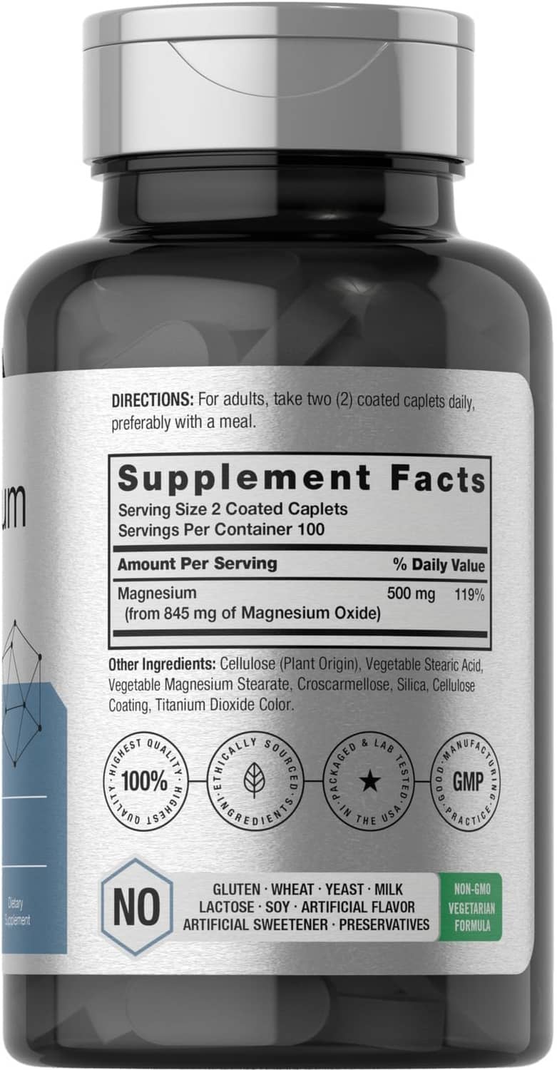 Magnesium oxide supplement bottle back label with Supplement Facts and directions