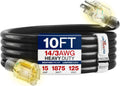 Black coiled 10ft outdoor extension cord with 3-prong plug and lighted ends
