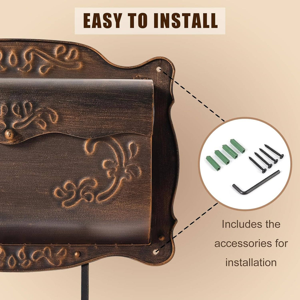 Embossed dark bronze wall mailbox front with decorative floral panel and mounting pegs