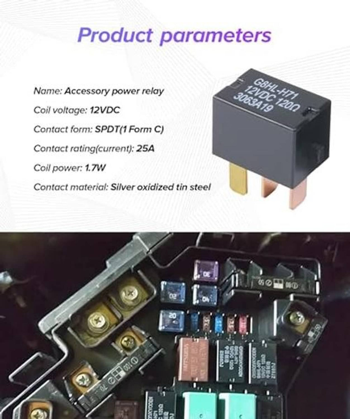 Black 4-pin accessory power relay with brass pins and metal contact points
