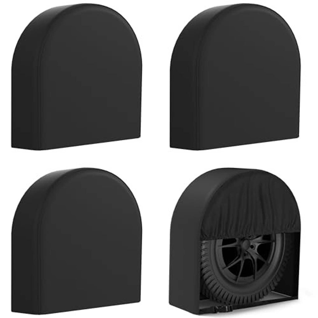 Four black arched RV tire covers, one showing a wheel opening for fit