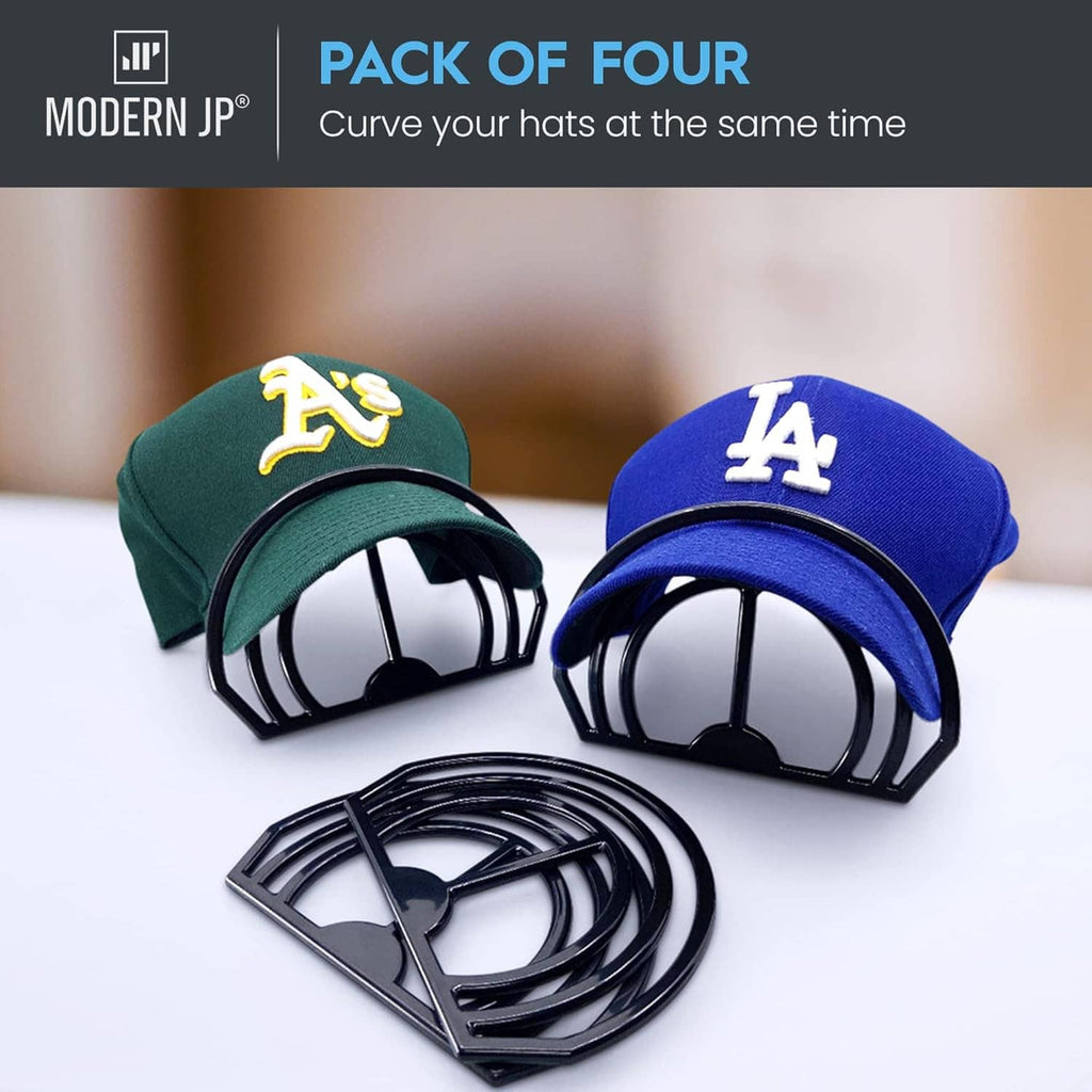 Four-pack brim benders with dark green and blue caps and stacked black curved frames