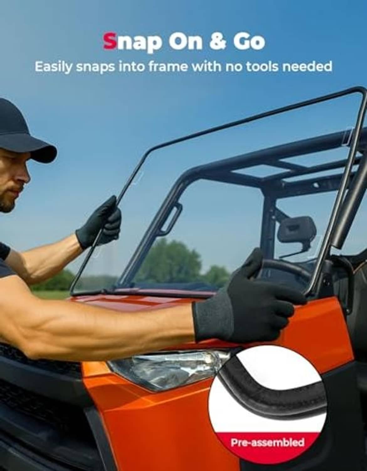 Polaris front windshield with black frame, snap-on clamps and preassembled fit