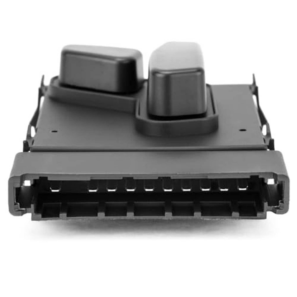 Power seat switch module underside with connector slots and two raised plastic caps.