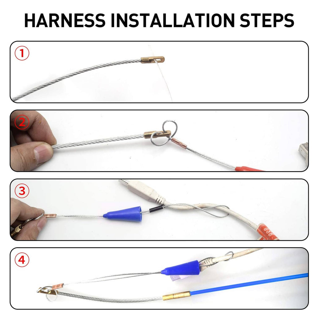 Cable puller installation steps with braided wire, rings, and blue handle tool