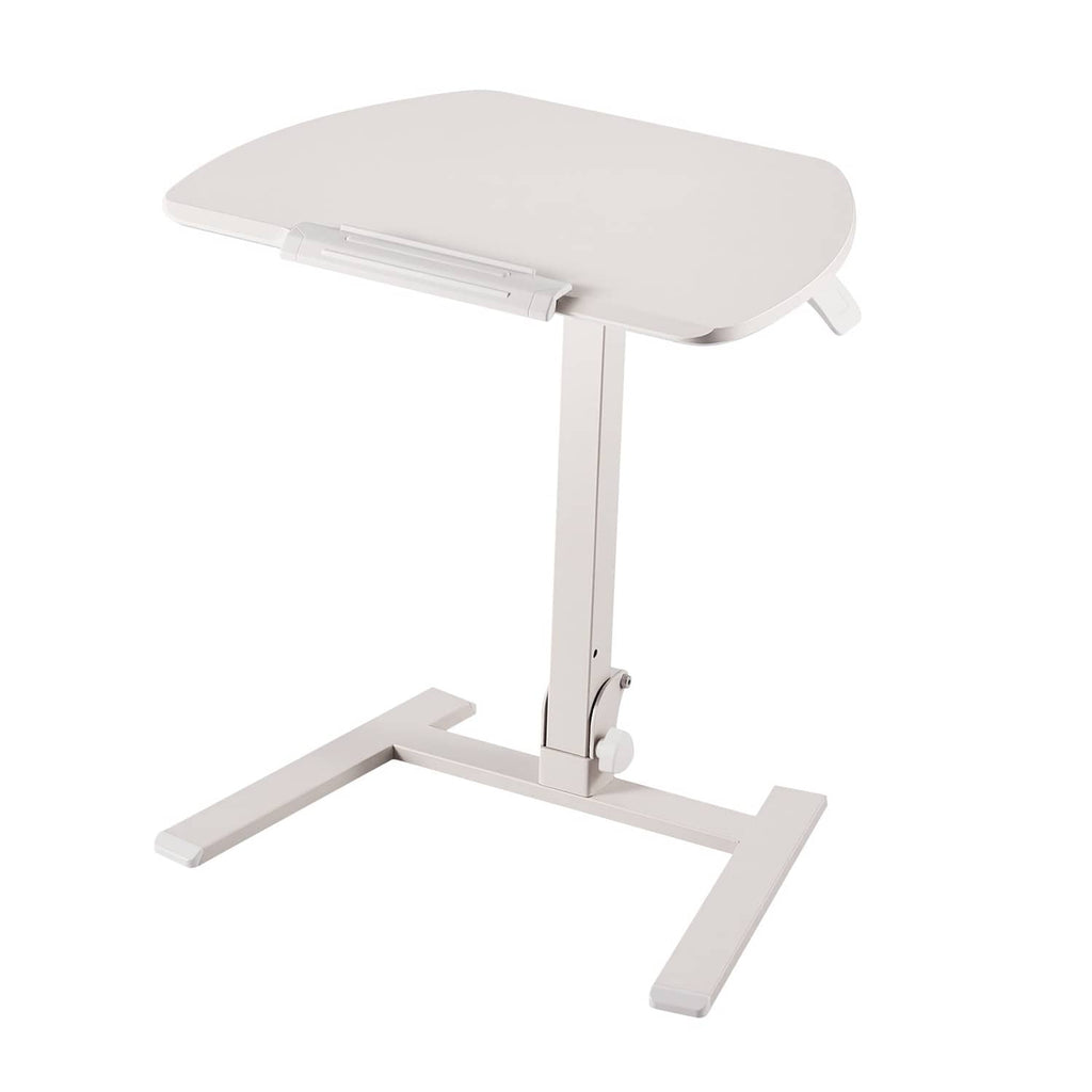 Light rounded tabletop standing desk with white support post and stable crossbar base