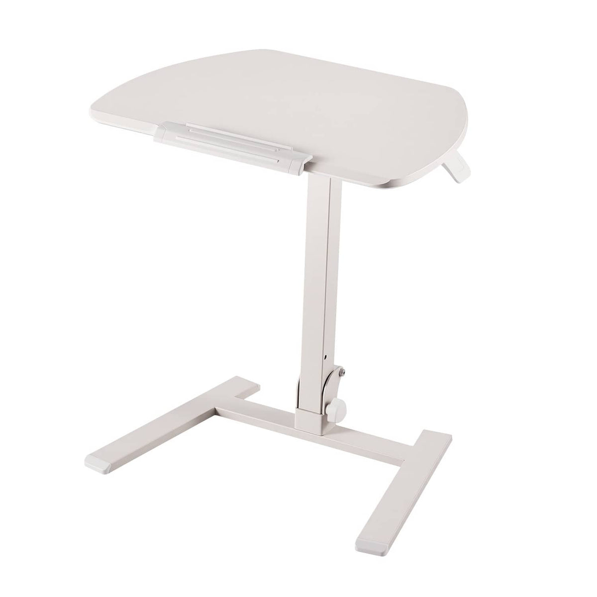 Light rounded tabletop standing desk with white support post and stable crossbar base