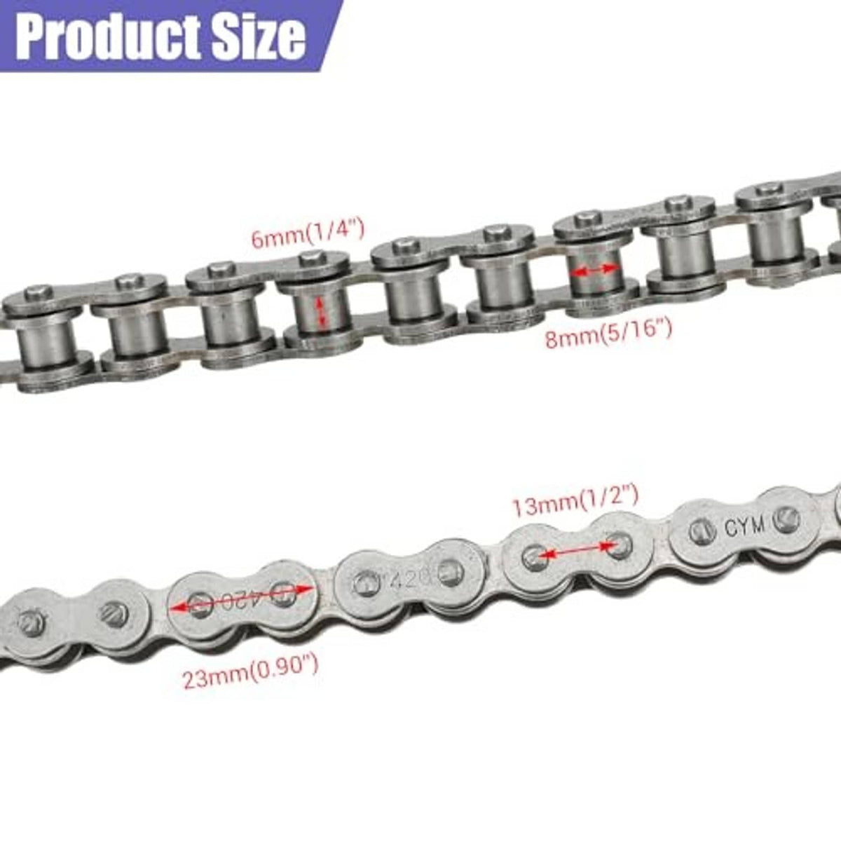 420 roller chain showing link spacing and pin rivets, side view