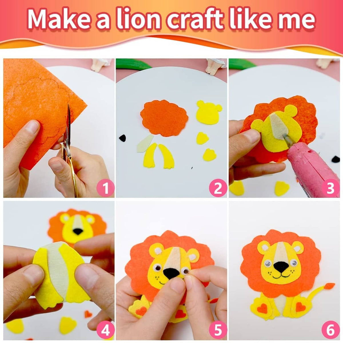 Lion craft felt pieces with orange and yellow sheets, ready for assembling
