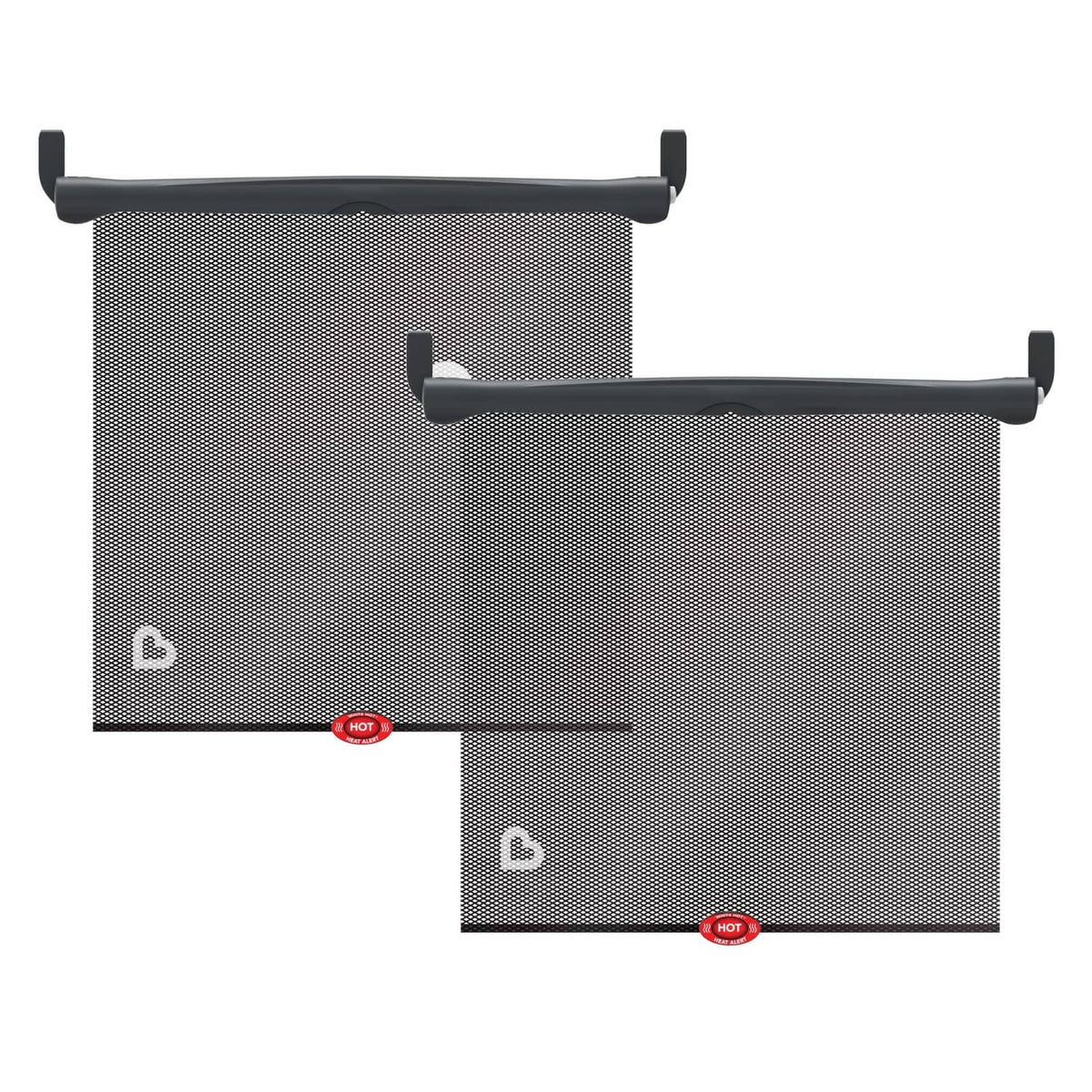 Munchkin Brica sun safety car window shades, black mesh with top roller bars and HOT indicator
