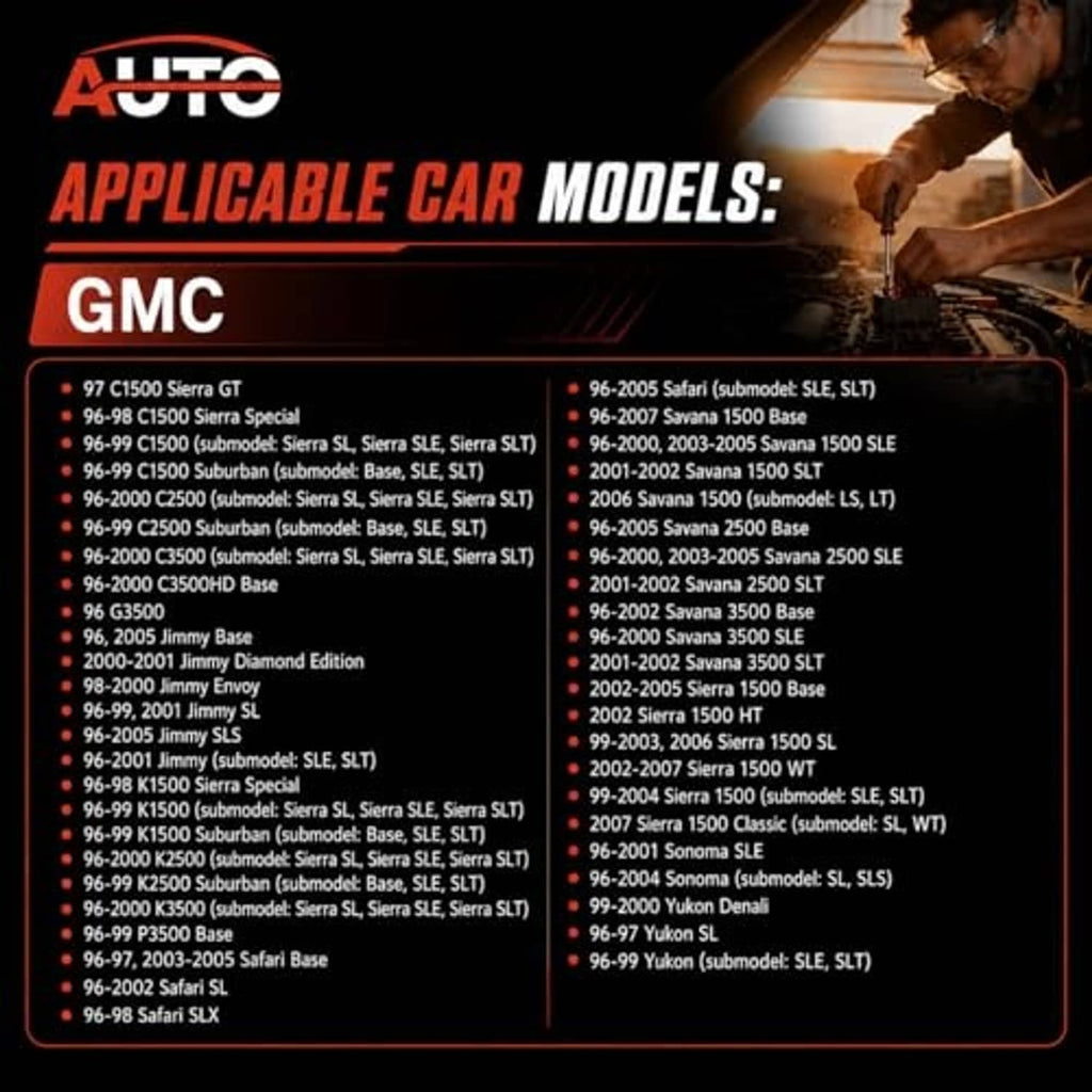 GMC compatible car models list on red/black chart for ignition control module