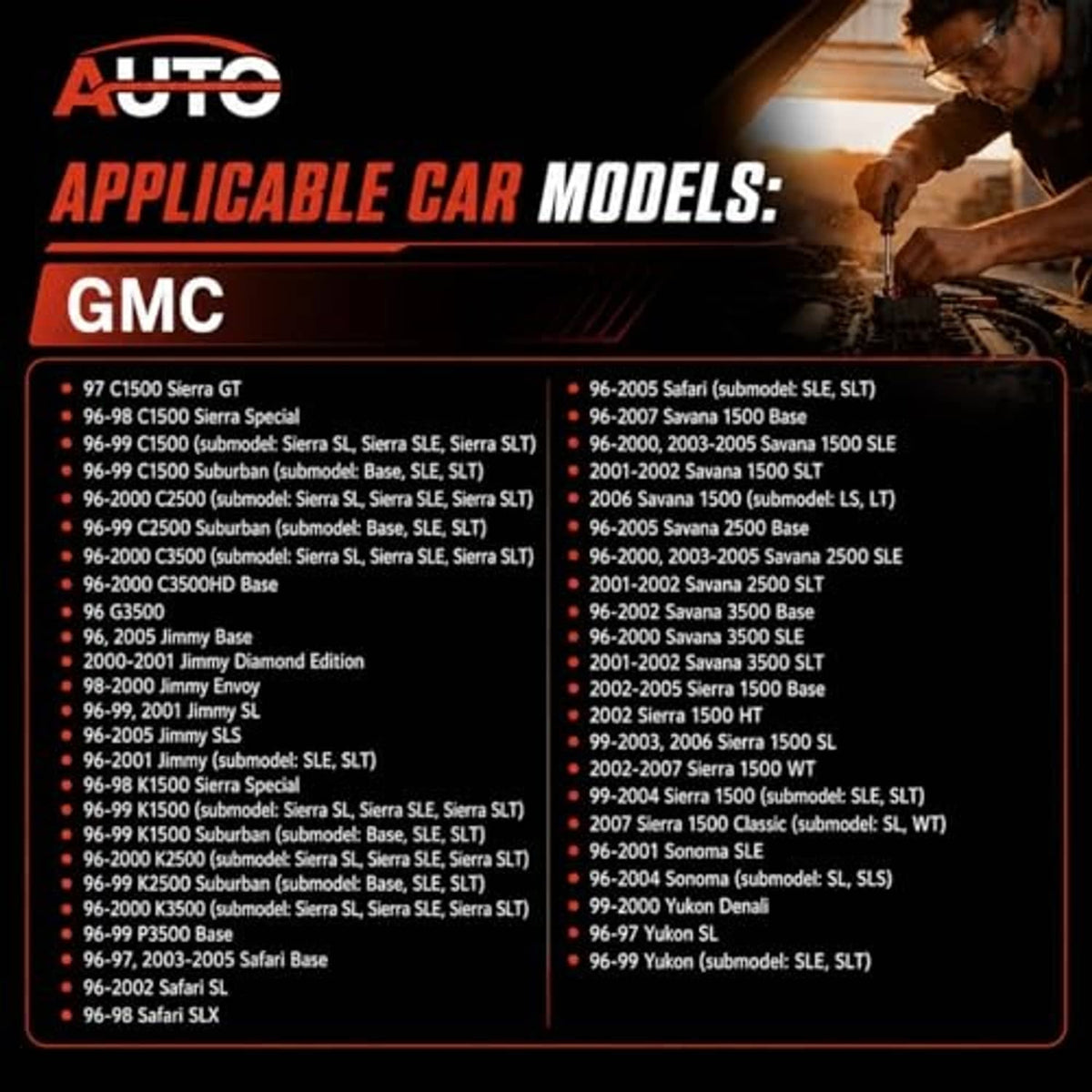 GMC compatible car models list on red/black chart for ignition control module