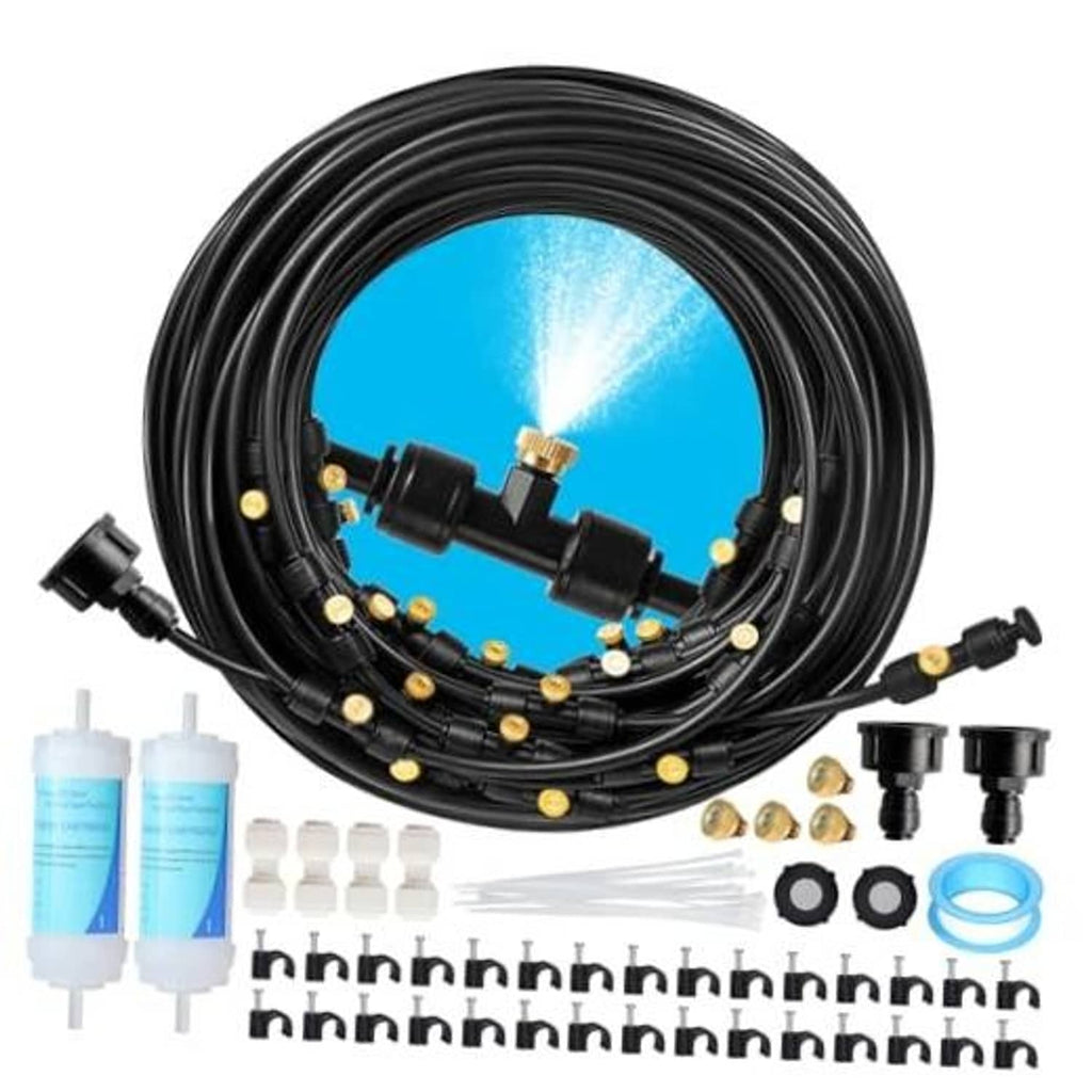 Coiled black misting hose kit with nozzles, brass fittings, and two filter cartridges