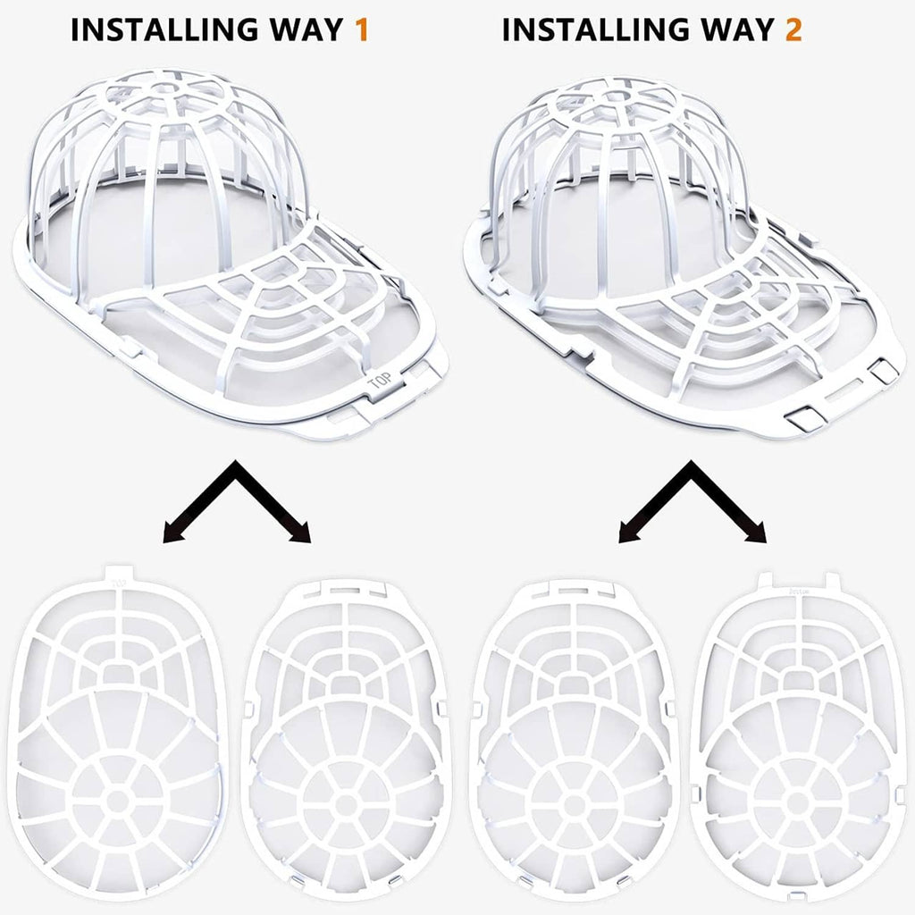 Hat washer frame with curved support and mesh grid, shown in two installation ways