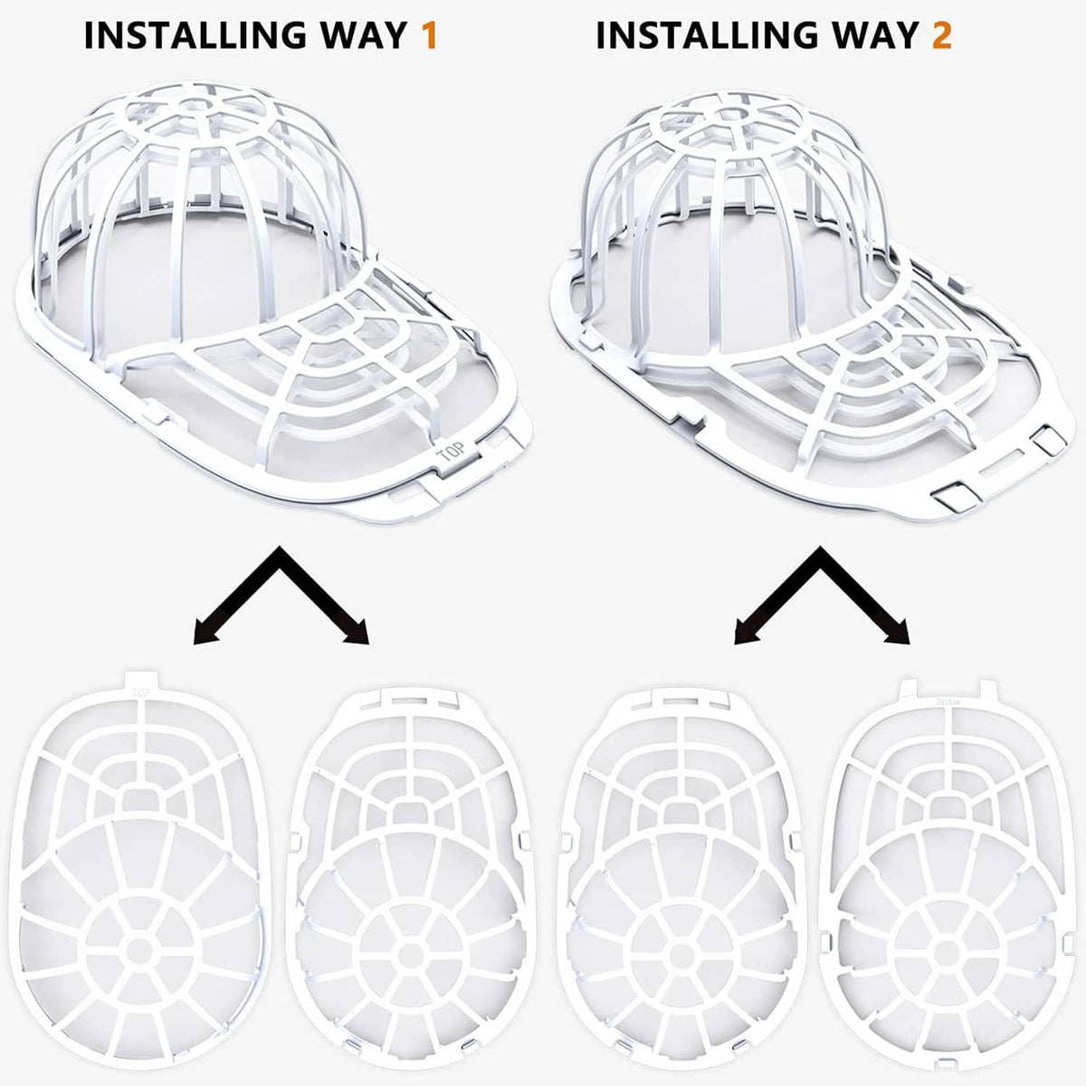 Hat washer frame with curved support and mesh grid, shown in two installation ways