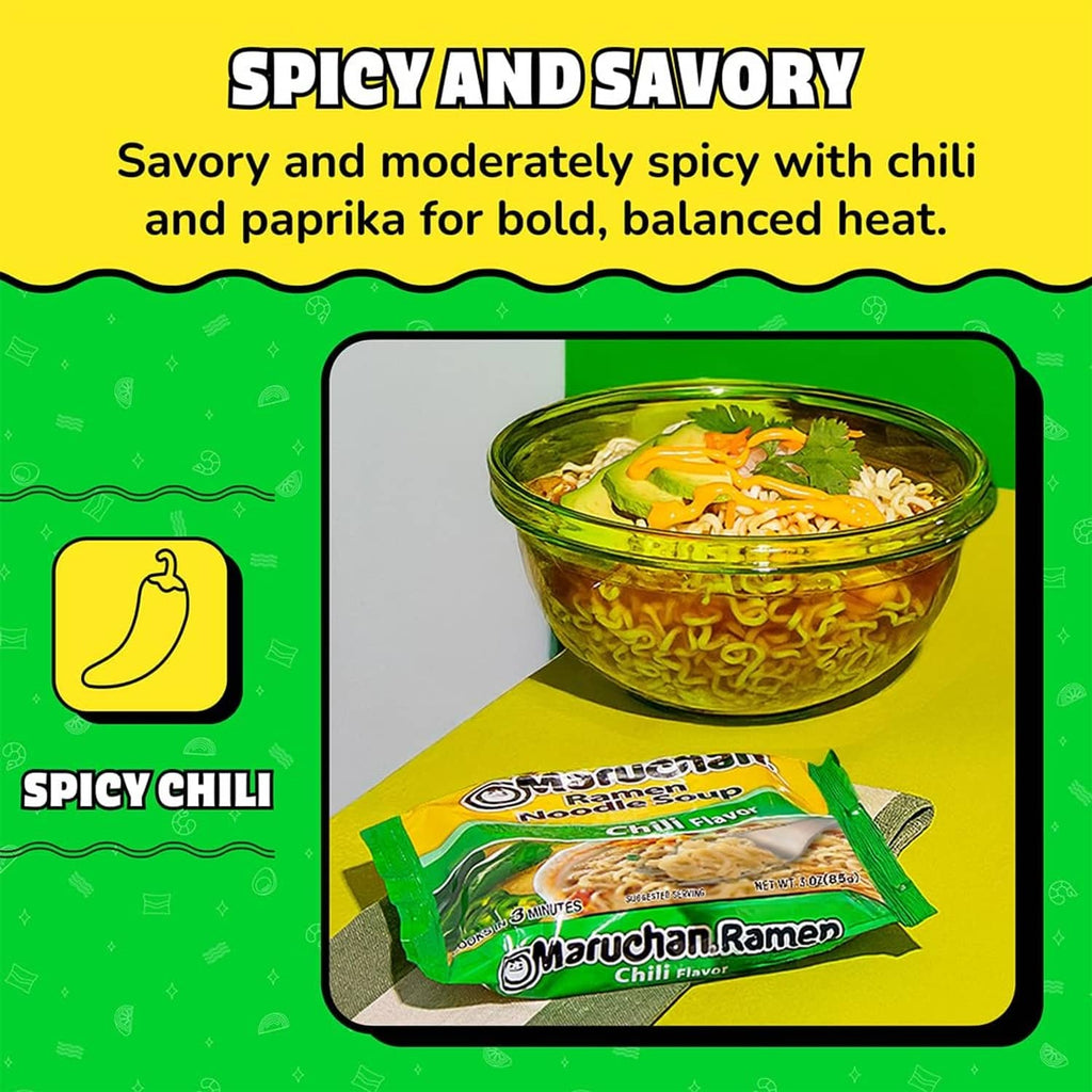 Maruchan chili flavor ramen noodle soup packet with prepared noodles in a bowl